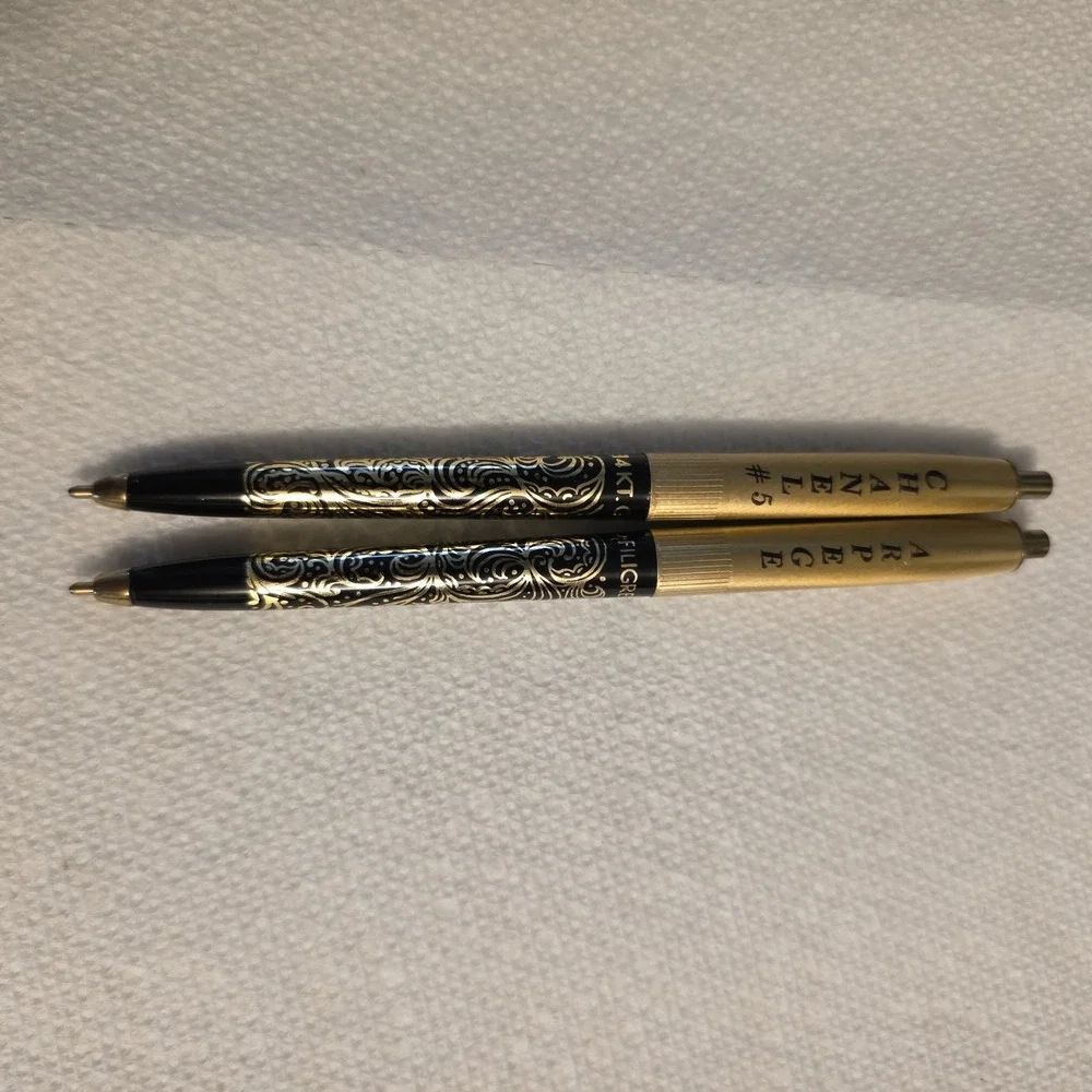 Vintage Chanel No 5 Arpege 14 KT Gold Filigree Perfumed Ballpoint Pen Set 2 Pc
